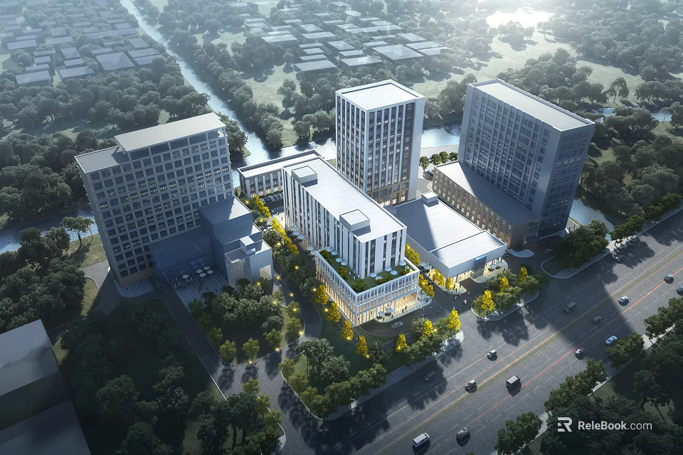 Aerial View Planning of Modern Building Complex With High Rise Structures Green Landscaping Surrounding Roads 3d model 
