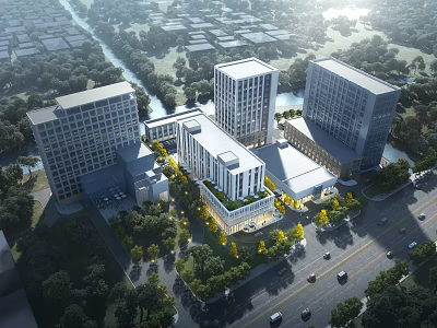 Aerial View Planning of Modern Building Complex With High Rise Structures Green Landscaping Surrounding Roads 3d model