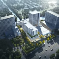 Aerial View Planning of Modern Building Complex With High Rise Structures Green Landscaping Surrounding Roads