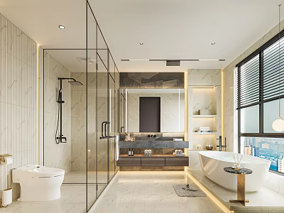Modern Bathroom Interior With Glass Partition Smart Toilet Freestanding Tub And Large Window 3d model