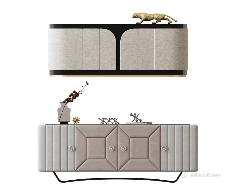 Modern Beige And Black TV Stand With Decorative Ornaments And Drawers 3d model 