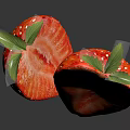 Fresh Strawberry Cut into Two Halves with Green Leaves on Dark Background with Glossy Surface