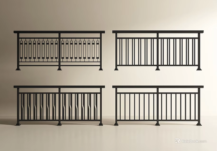 Black Metal Railings With Various Decorative Patterns And Vertical Bar Designs 3d model 