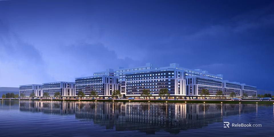 Modern Industrial Factory Building Exterior With Night Lighting And Water Reflection 3d model 