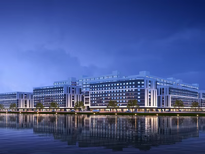 Modern Industrial Factory Building Exterior With Night Lighting And Water Reflection 3d model
