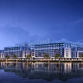 Modern Industrial Factory Building Exterior With Night Lighting And Water Reflection