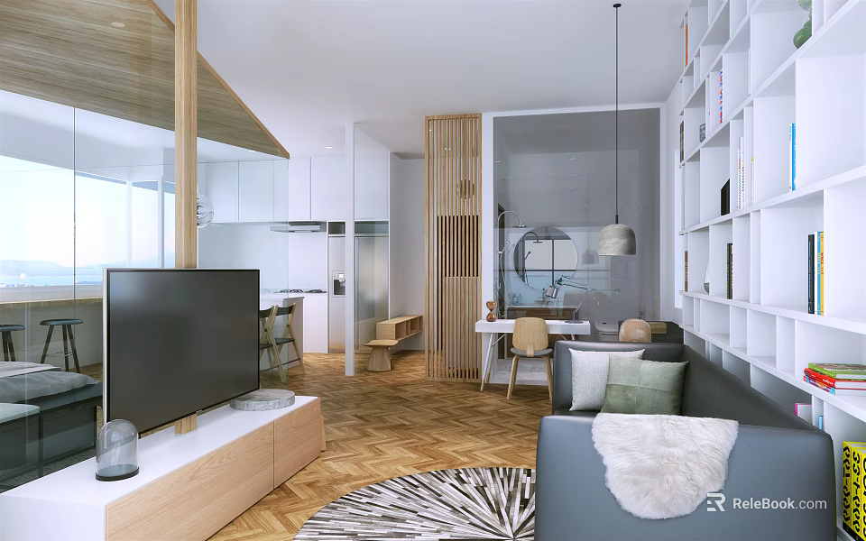 Modern Apartment Interior With Living Room Open Kitchen Wooden Floor Sofa TV And Bookshelves 3d model 