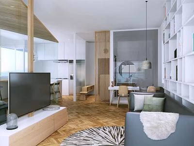 Modern Apartment Interior With Living Room Open Kitchen Wooden Floor Sofa TV And Bookshelves 3d model