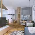 Modern Apartment Interior With Living Room Open Kitchen Wooden Floor Sofa TV And Bookshelves