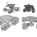 Outdoor Stone Table and Stool Sets with Round Square Designs and Small Decor 3d model