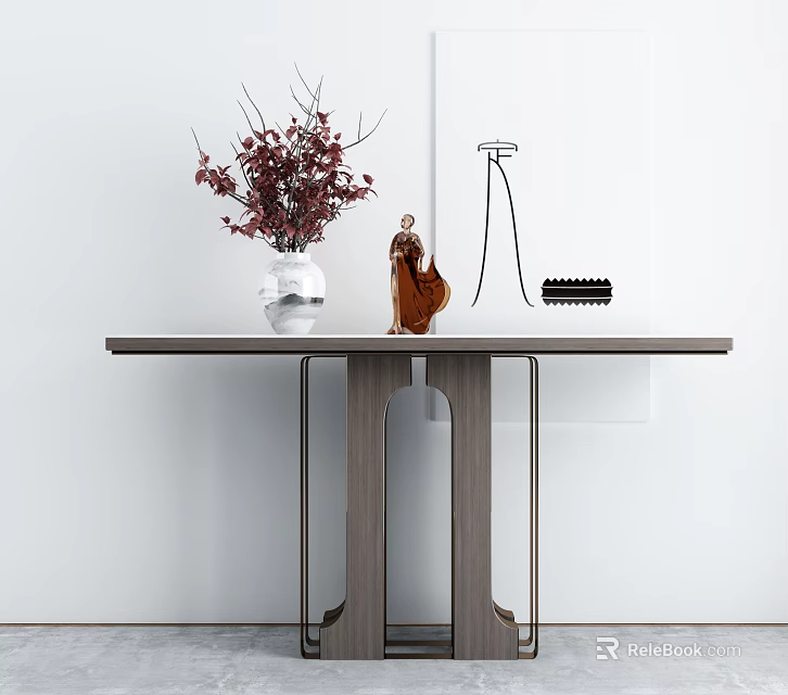 Modern Console Table Featuring White Vase Red Purple Flowers Brown Sculpture and Black Comb 3d model 