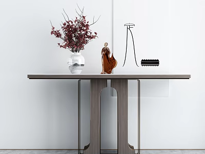 Modern Console Table Featuring White Vase Red Purple Flowers Brown Sculpture and Black Comb 3d model