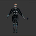 Advanced Futuristic Female Character In Tactical Tech Armor With Blue Accents And Handgun