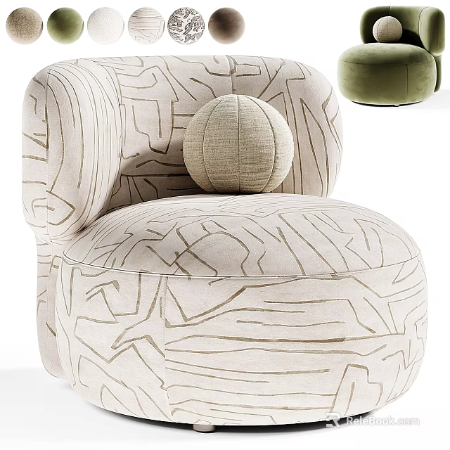 Modern Beige Accent Chair With Abstract Line Pattern Round Cushion And Green Ottoman Design 3d model 