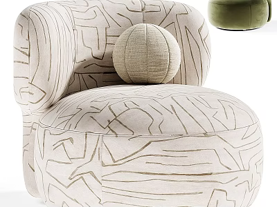 Modern Beige Accent Chair With Abstract Line Pattern Round Cushion And Green Ottoman Design 3d model