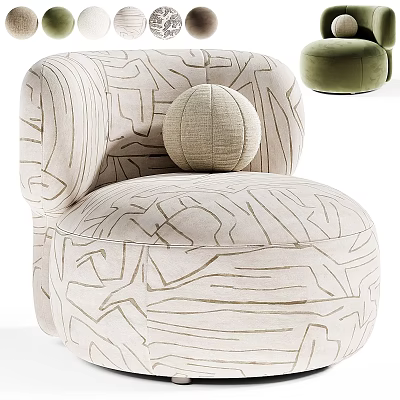 Modern Beige Accent Chair With Abstract Line Pattern Round Cushion And Green Ottoman Design 3d model