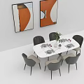 Modern Dining Table Set With Six Chairs Wall Paintings And Vase Centerpiece 3d model