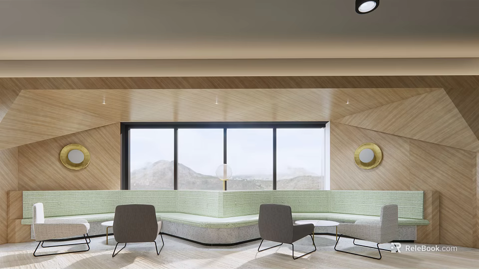 Modern Leisure Area With Wooden Walls Large Windows Circular Decor Sofas Chairs And Mountain Views 3d model 