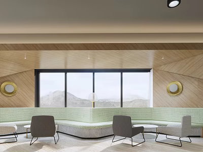 Modern Leisure Area With Wooden Walls Large Windows Circular Decor Sofas Chairs And Mountain Views 3d model