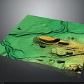 Detailed Green Terrain Model With Yellow Textured Areas And Square Display Structure