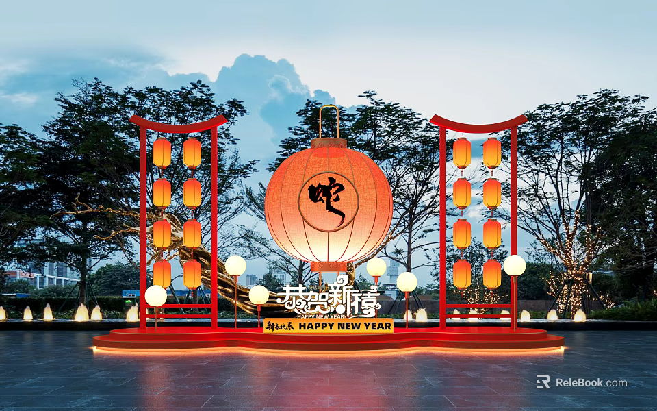 Traditional Chinese New Year Decor With Large Fu Lantern Red Frames And Small Lanterns 3d model 