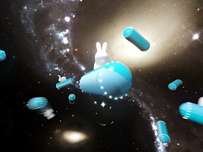Cartoon Space Scene With White Rabbit And Floating Blue Spaceships In Starry Galaxy 3d model