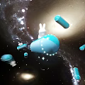Cartoon Space Scene With White Rabbit And Floating Blue Spaceships In Starry Galaxy