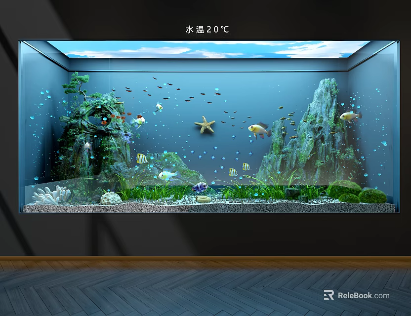 Aquarium Fish Tank with Colorful Fish Starfish Aquatic Plants and Rock Formations Indoor 3d model 