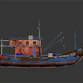 Traditional Blue Red Wooden Fishing Boat With Cabin Masts Ropes Lifebuoys On Deck