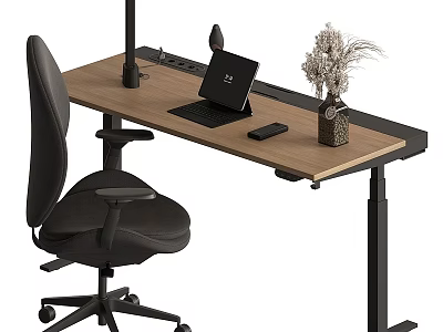 Adjustable Wooden Desk With Laptop Desk Lamp Mobile Phone Dried Flower Vase And Office Chair 3d model