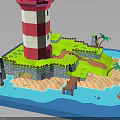 Red And White Striped Lighthouse Model On Island With Green Area Small Bridge And Water