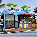 Container Building Energy Station With Palm Trees Terrace Green Umbrellas Bar Stools