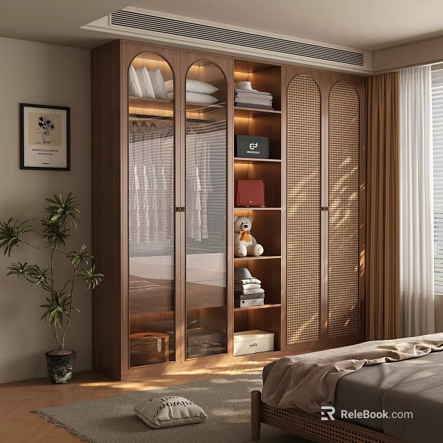 Modern Wooden Wardrobe Design With Glass Doors Slatted Panels And Storage Shelves 3d model 