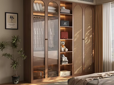 Modern Wooden Wardrobe Design With Glass Doors Slatted Panels And Storage Shelves 3d model