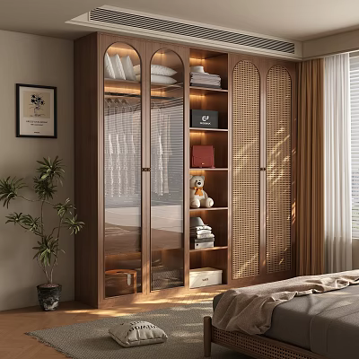 Modern Wooden Wardrobe Design With Glass Doors Slatted Panels And Storage Shelves 3d model