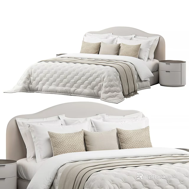 Modern Double Bed Interior With Light Headboard Pillows Quilt And Nightstand 3d model