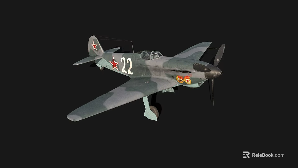 Vintage Military Airplane With Camouflage Paint Number 22 Red Star Emblem And Propeller 3d model 