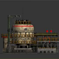 Cartoon Industrial Scene Featuring Large Metal Tanks Orange Platforms Crane Structure And Dark Base