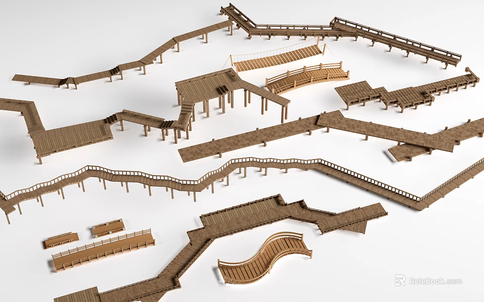 Wooden Landscape Bridge Designs With Curved Shapes Railings And Various Structures 3d model 