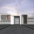 Modern Commercial Street With High Rise Buildings Glass Facades And Water Pool Plaza Lighting