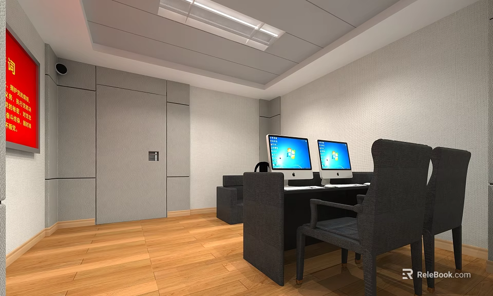 Casual Lounge Area With Wooden Floor Gray Walls Desks Computer Monitors Black Chairs And Sofa 3d model 