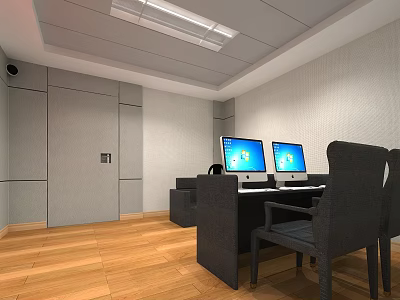 Casual Lounge Area With Wooden Floor Gray Walls Desks Computer Monitors Black Chairs And Sofa 3d model