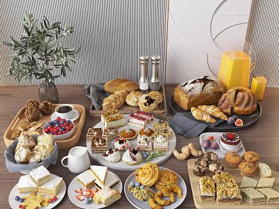 Assorted Breakfast Food Spread With Pastries Cakes Cookies Fruits Cheese And Juice 3d model