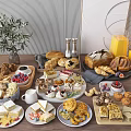 Assorted Breakfast Food Spread With Pastries Cakes Cookies Fruits Cheese And Juice