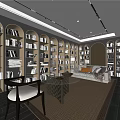 Modern Study Room With Built-in Bookshelves Sofa Red Table Lamp Throw Pillows And Coffee Table