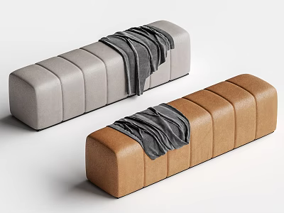 Modern Upholstered Sofa Benches in Gray and Brown with Throw Blankets 3d model