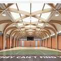 Indoor Basketball Court Featuring Arched Wooden Roof Skylights Scoreboard Wooden Panel Walls And Green Floor