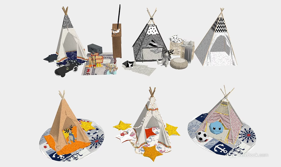 Kids Teepee Tents With Decorative Star Patterns Cartoon Designs And Play Accessories 3d model 