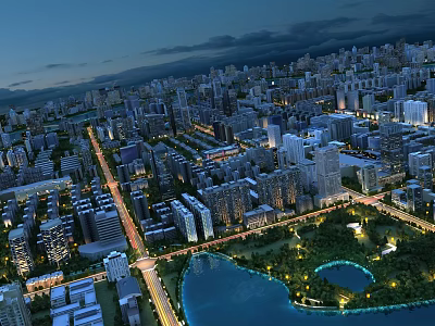 Aerial View Planning of Modern City with High Rise Buildings Roads Lake and Green Spaces 3d model