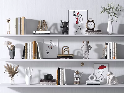 Decorative Ornament Set on White Shelves with Books Small Sculptures Framed Art and Vases 3d model